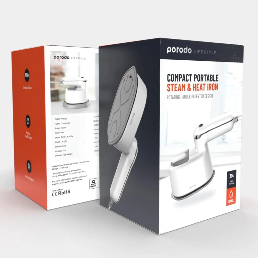 Porodo Compact Portable Steam & Heat Iron – Ceramic Soleplate  3-Level Temperature Control