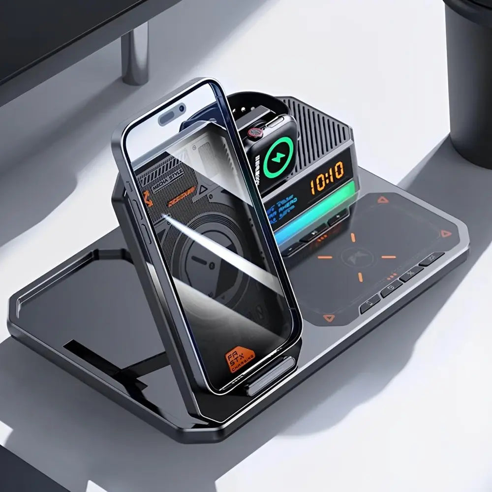 T50 6-in-1 Wireless Charging Station Bluetooth Speaker LED Clock Triple Device Support