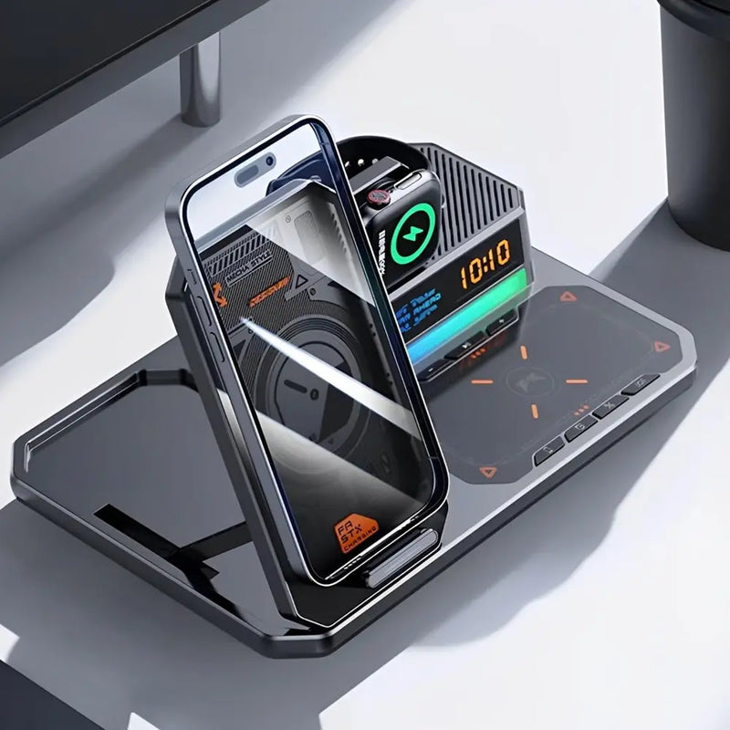 T50 6-in-1 Wireless Charging Station Bluetooth Speaker LED Clock Triple Device Support