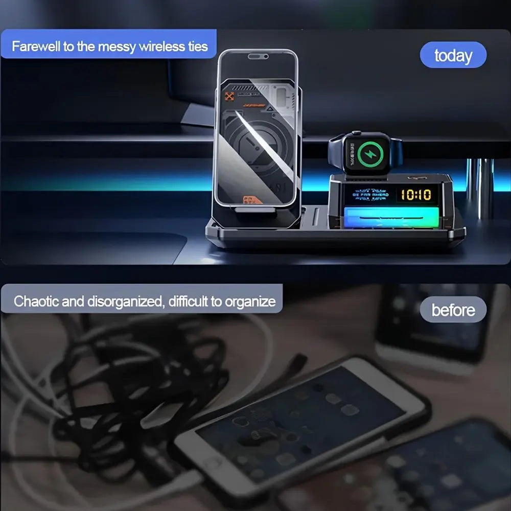 T50 6-in-1 Wireless Charging Station Bluetooth Speaker LED Clock Triple Device Support