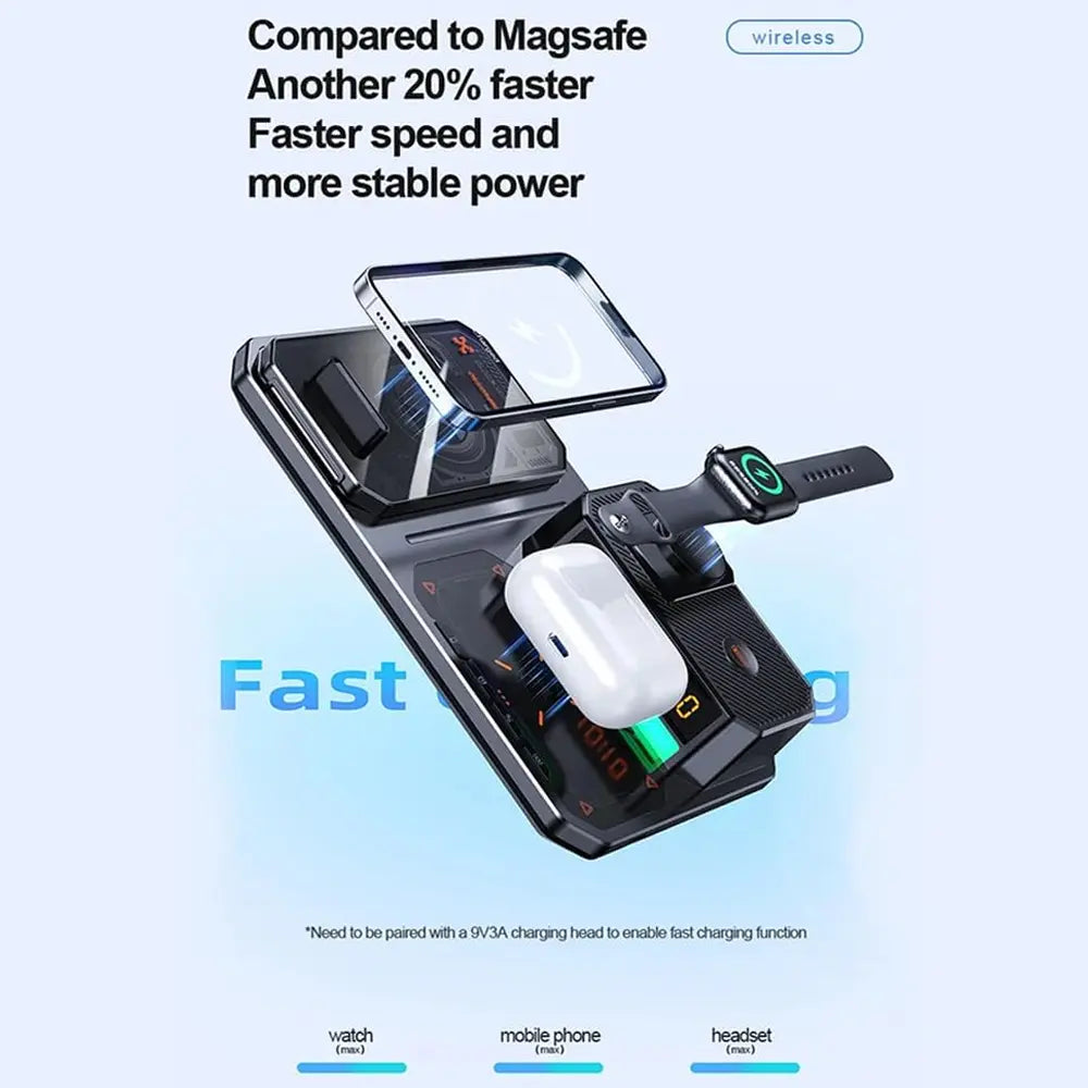 T50 6-in-1 Wireless Charging Station Bluetooth Speaker LED Clock Triple Device Support