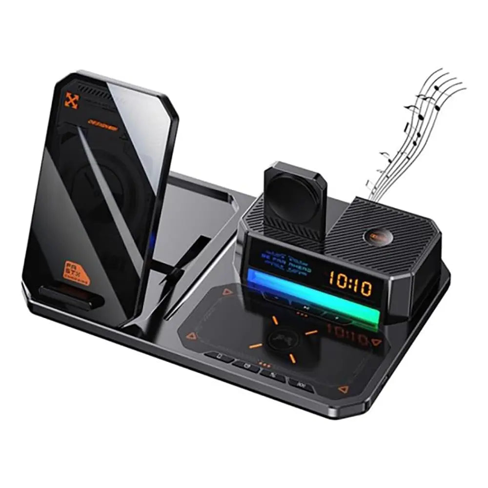 T50 6-in-1 Wireless Charging Station Bluetooth Speaker LED Clock Triple Device Support
