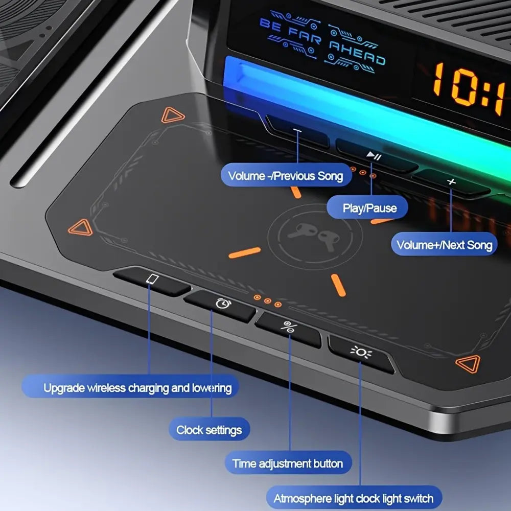 T50 6-in-1 Wireless Charging Station Bluetooth Speaker LED Clock Triple Device Support