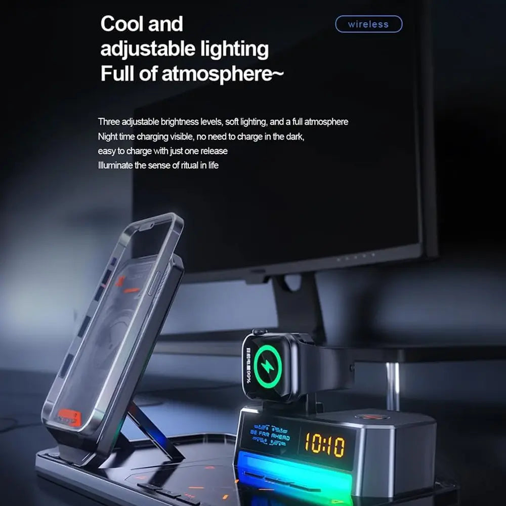 T50 6-in-1 Wireless Charging Station Bluetooth Speaker LED Clock Triple Device Support