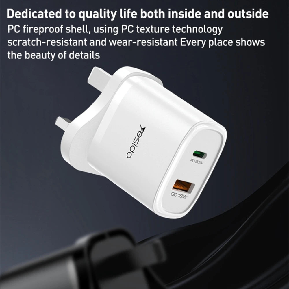 Yesido Dual Ports Travel Charger with USB-C to Lightning Cable