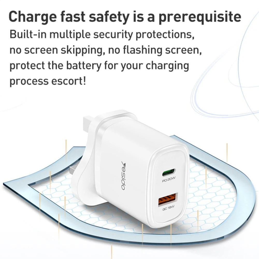 Yesido Dual Ports Travel Charger with USB-C to Lightning Cable