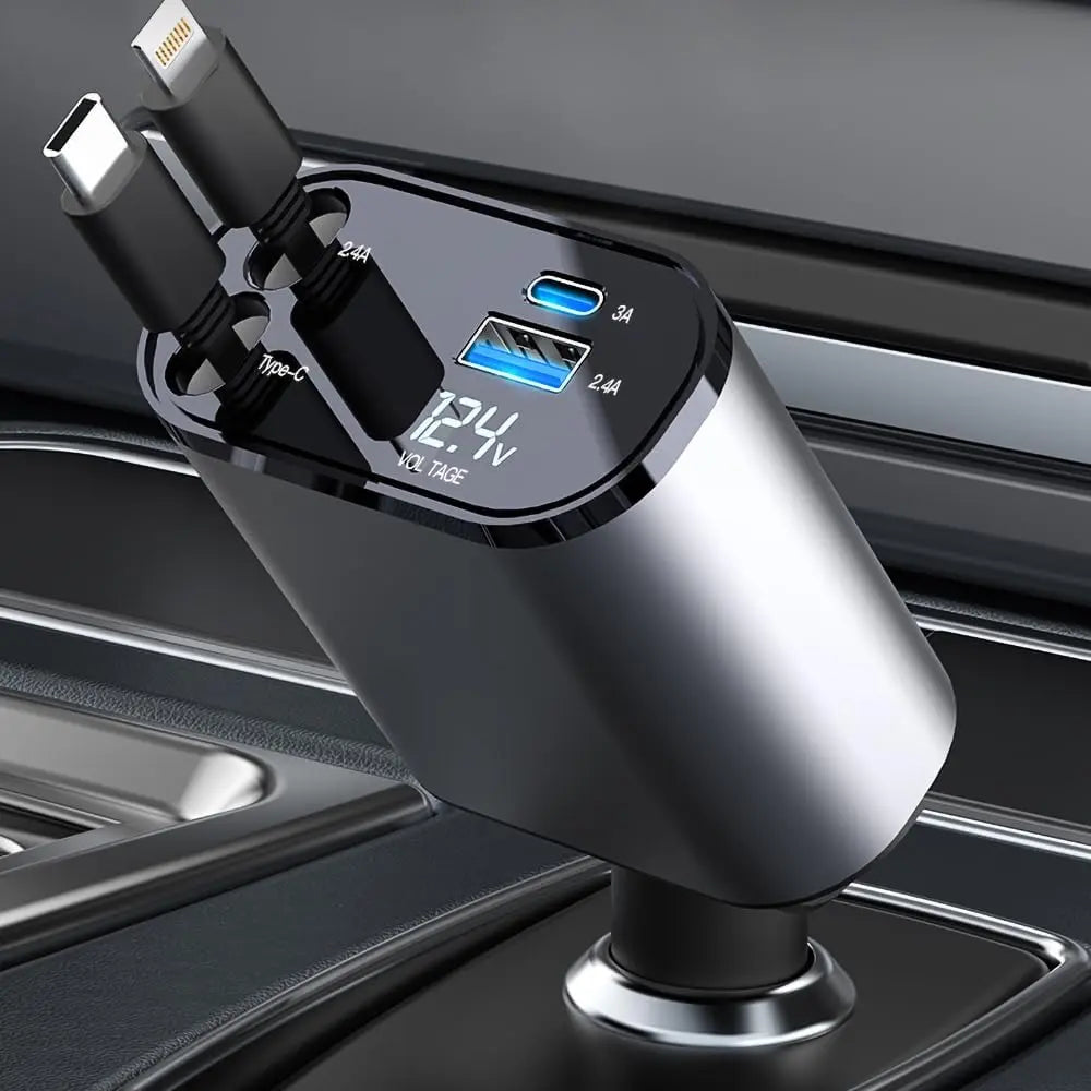 4 in 1 Super-Fast Retractable Car Charger with Digital Display USB/Type-C Port 120W