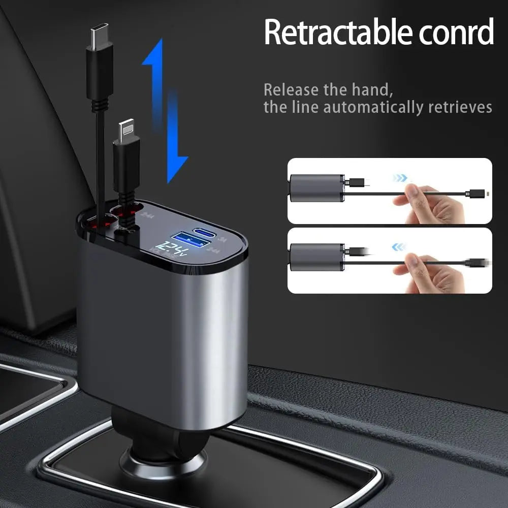 4 in 1 Super-Fast Retractable Car Charger with Digital Display USB/Type-C Port 120W