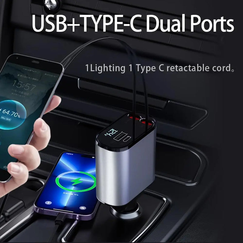 4 in 1 Super-Fast Retractable Car Charger with Digital Display USB/Type-C Port 120W