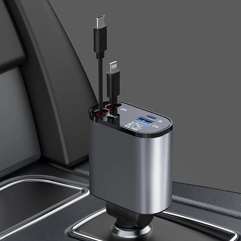 4 in 1 Super-Fast Retractable Car Charger with Digital Display USB/Type-C Port 120W