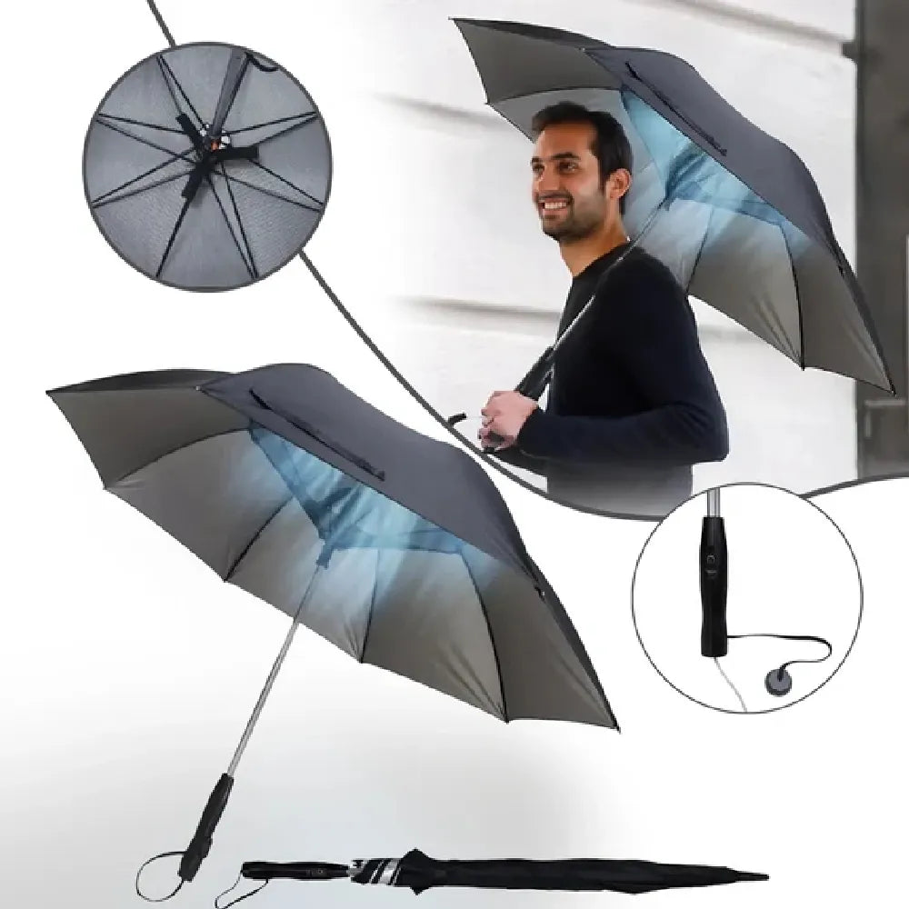 Sun Umbrella with Cooling Fan USB Rechargeable UPF 50+ Protection for Sun & Rain