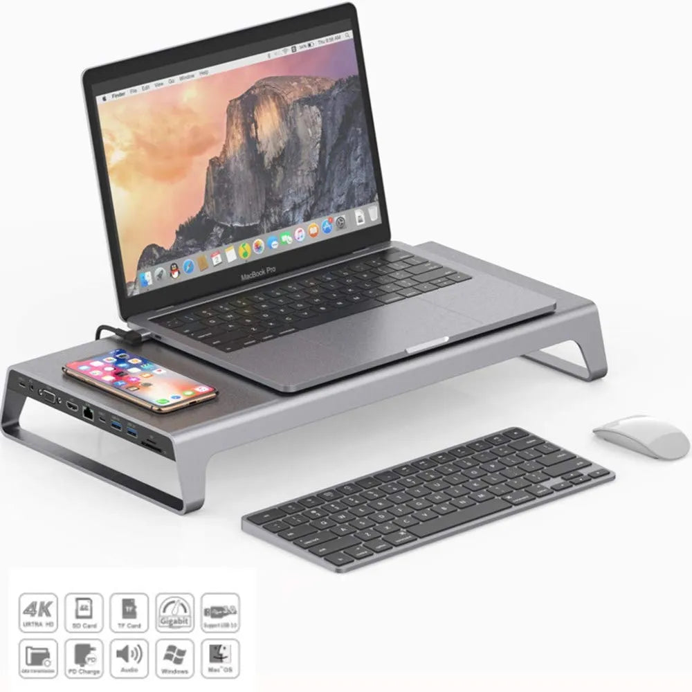 Onten Multifunctional Laptop Docking Station With Duals USB-C Port & Wireless Charging & 4K HDMI&VGA Output