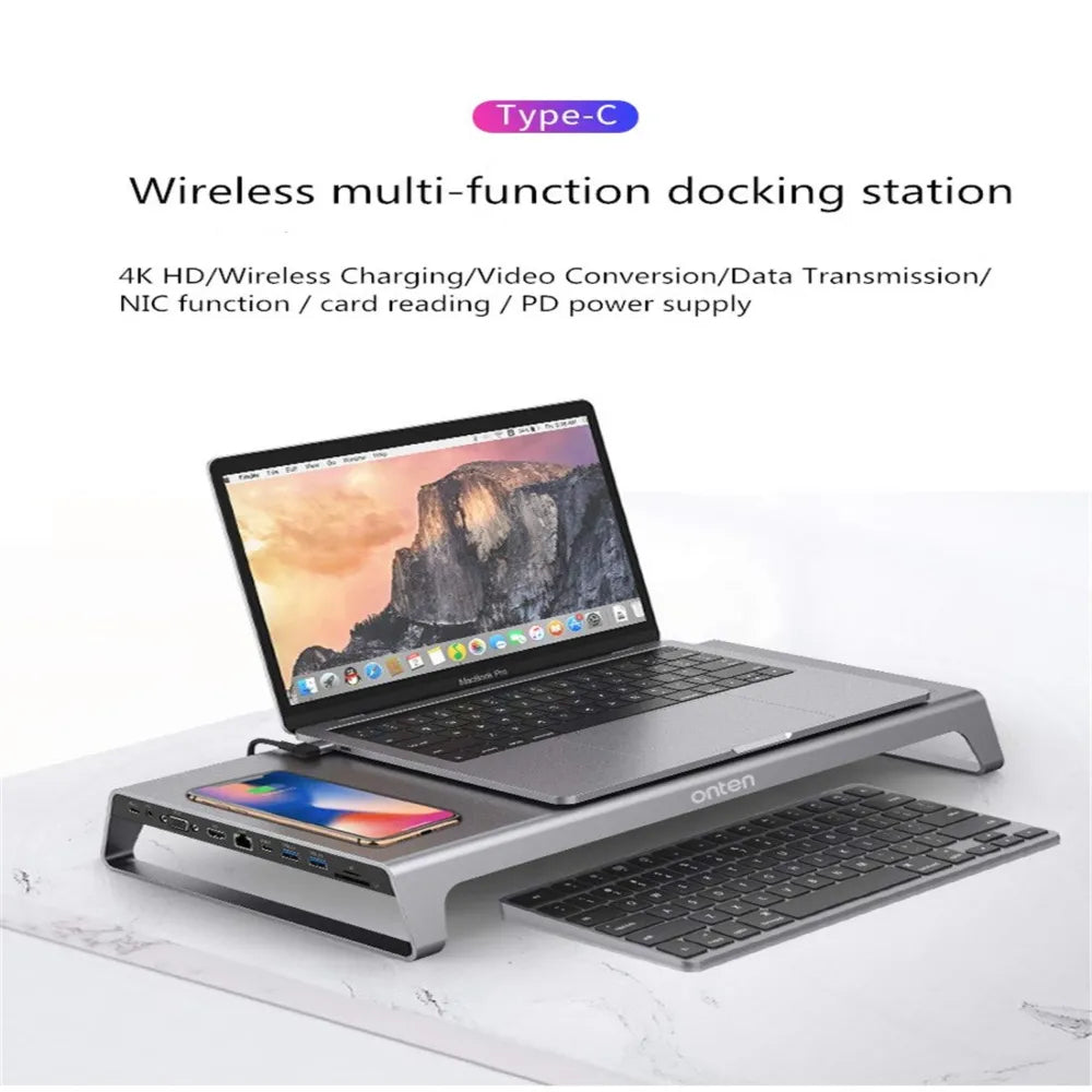 Onten Multifunctional Laptop Docking Station With Duals USB-C Port & Wireless Charging & 4K HDMI&VGA Output