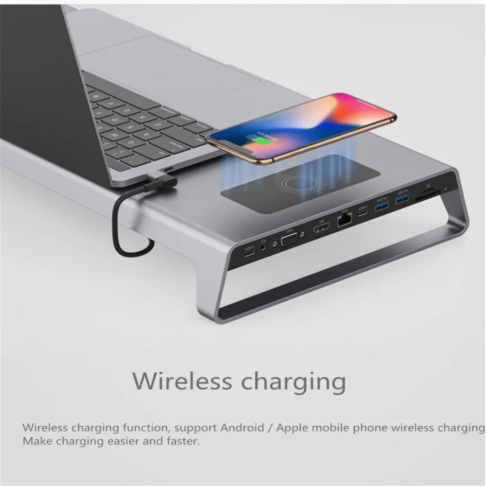 Onten Multifunctional Laptop Docking Station With Duals USB-C Port & Wireless Charging & 4K HDMI&VGA Output