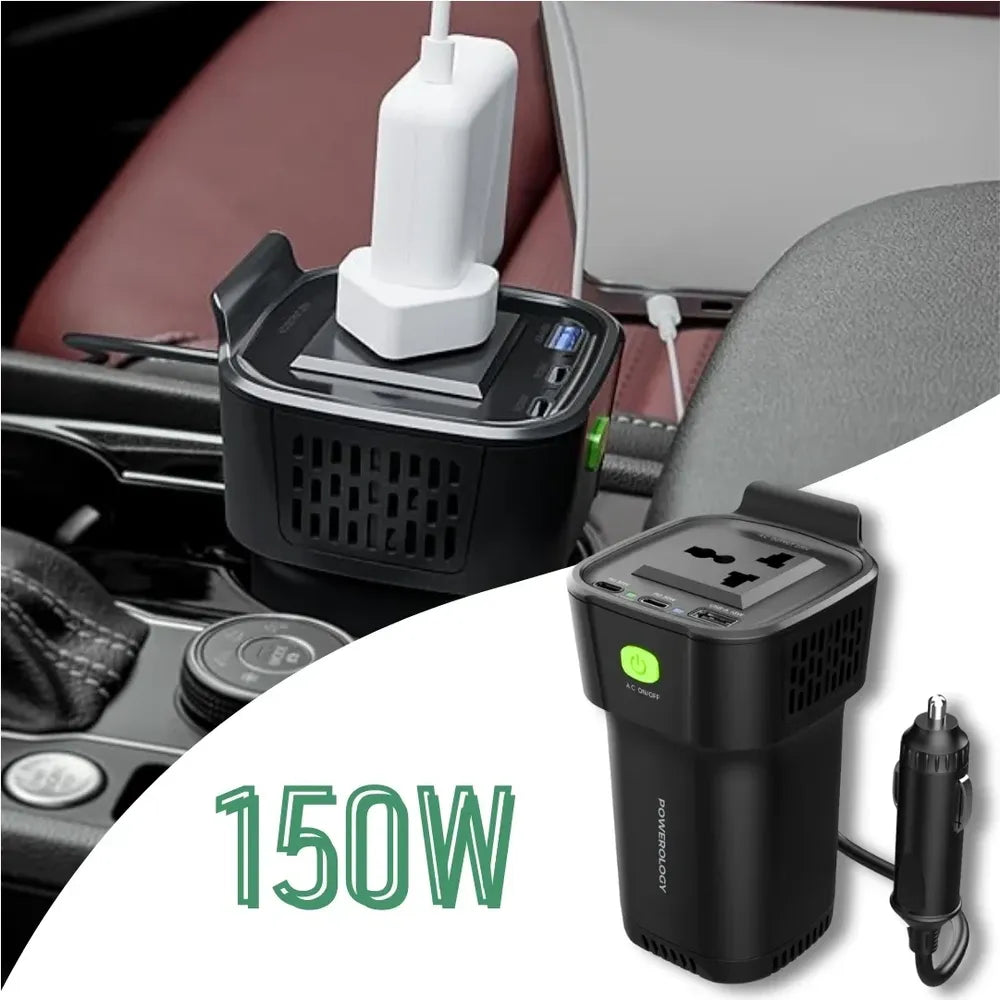 Powerology Cup Holder Power Inverter 150W 12V USB-A Rechargeable