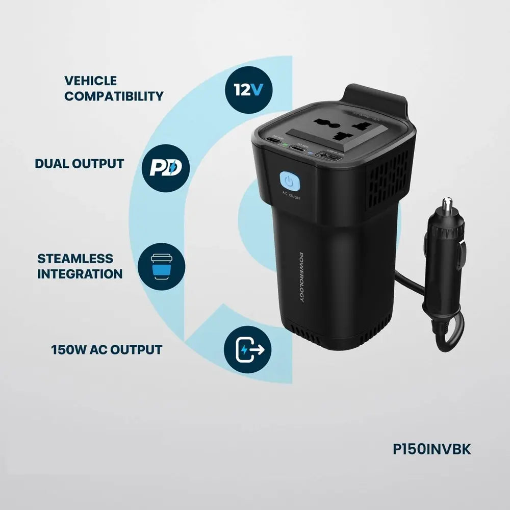 Powerology Cup Holder Power Inverter 150W 12V USB-A Rechargeable