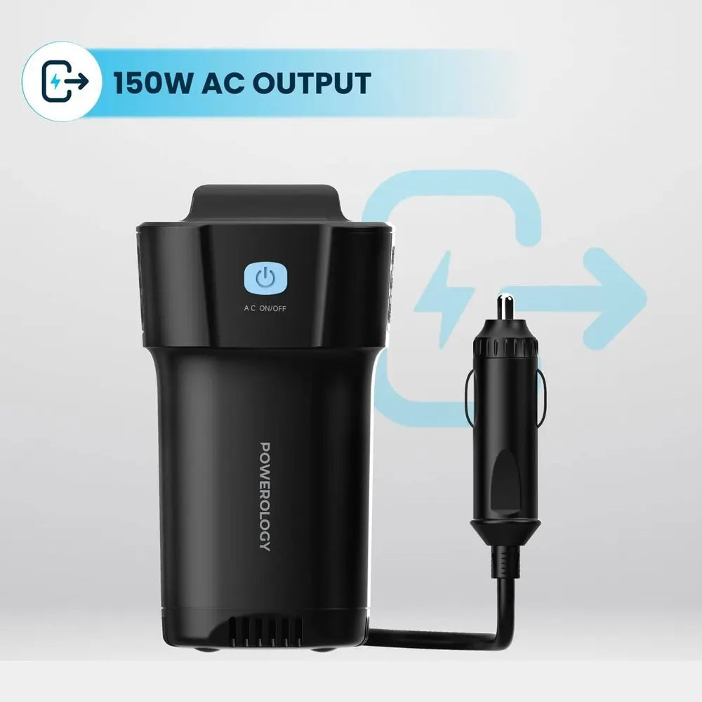 Powerology Cup Holder Power Inverter 150W 12V USB-A Rechargeable