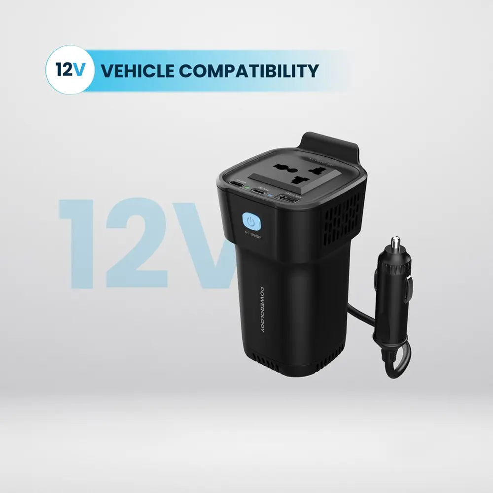 Powerology Cup Holder Power Inverter 150W 12V USB-A Rechargeable