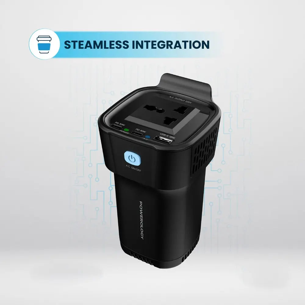 Powerology Cup Holder Power Inverter 150W 12V USB-A Rechargeable