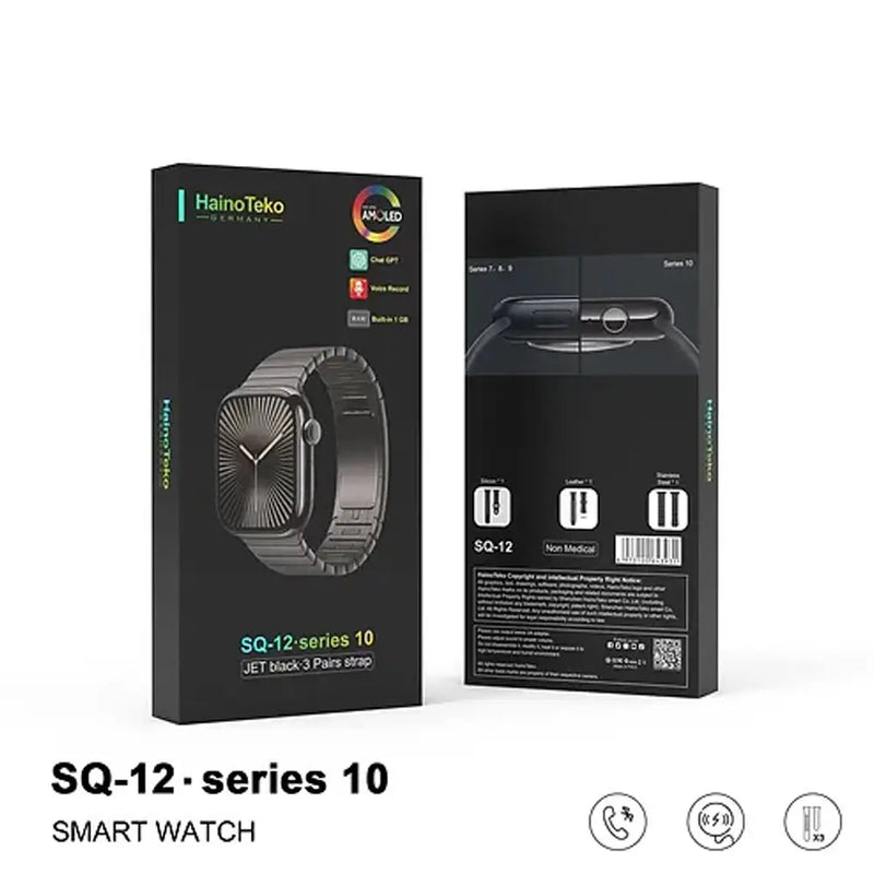 Haino Teko Smart watch SQ-12 Series 10 with 3 Pairs Strap- Jet Black