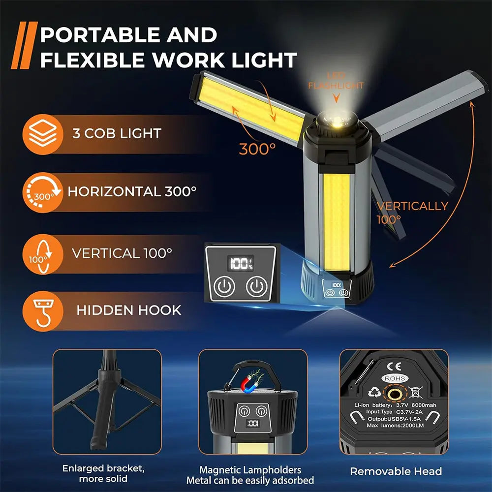 Super Bright Work Light with Stand P50 3-LED Head Type-C Rechargeable-5