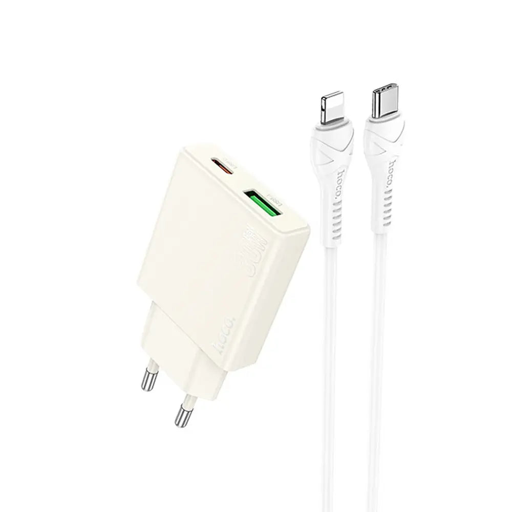 Hoco N45 Dual Port Wall Charger with C- Lightning Cable -Moonlight white