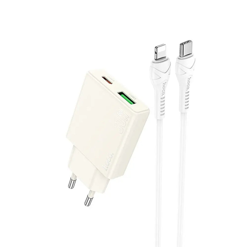 Hoco N45 Dual Port Wall Charger with C- Lightning Cable -Moonlight white