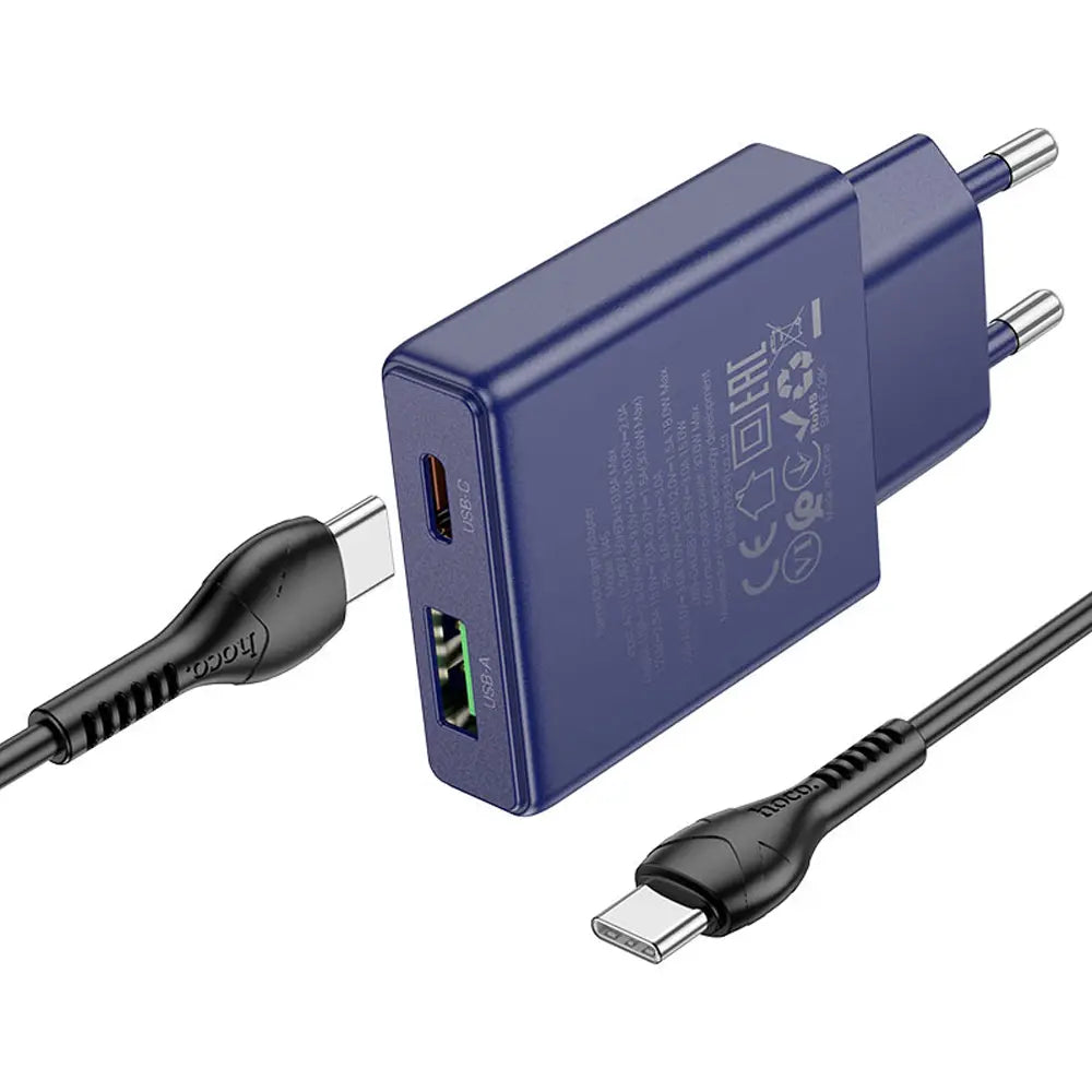 Hoco N45 Dual Port Wall Charger with Usb-c Cable - Titanium blue