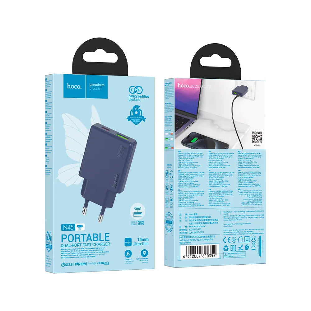 Hoco N45 Dual Port Wall Charger with Usb-c Cable - Titanium blue
