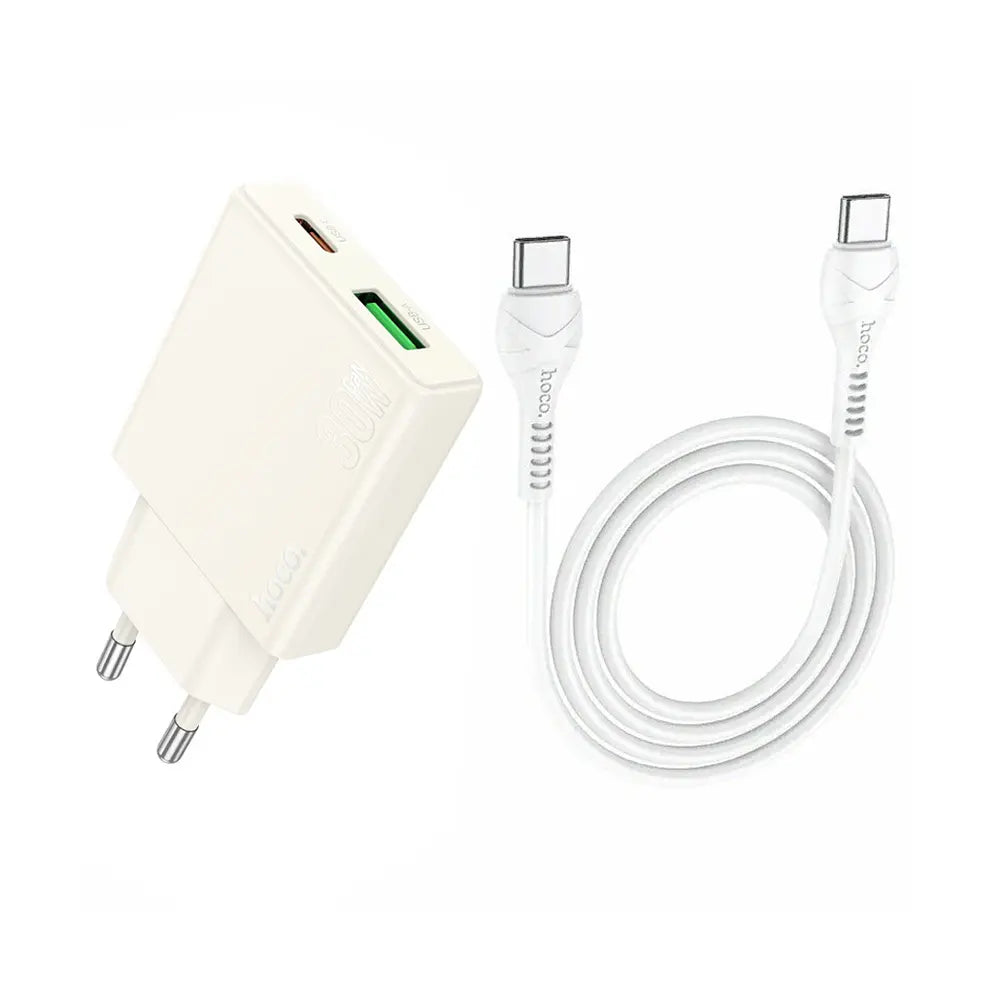 Hoco N45 Dual Port Wall Charger with USB-C Cable - Moonlight white
