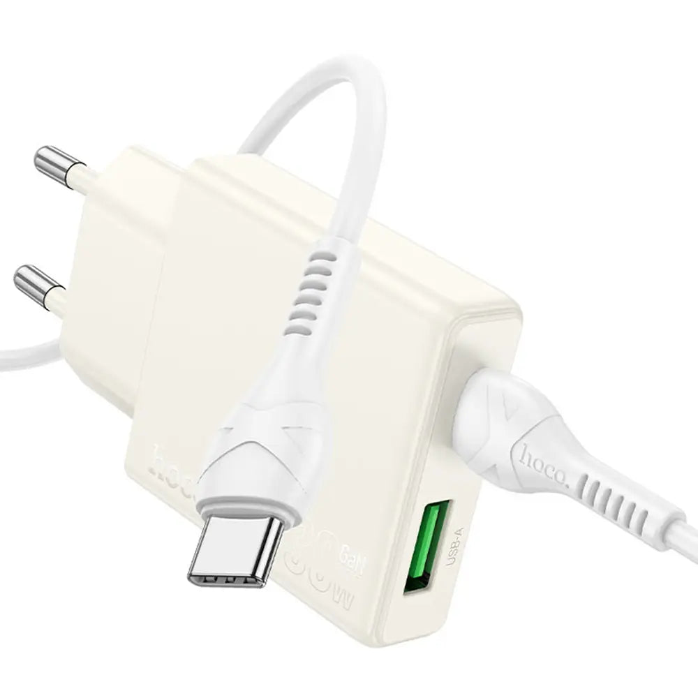 Hoco N45 Dual Port Wall Charger with USB-C Cable - Moonlight white