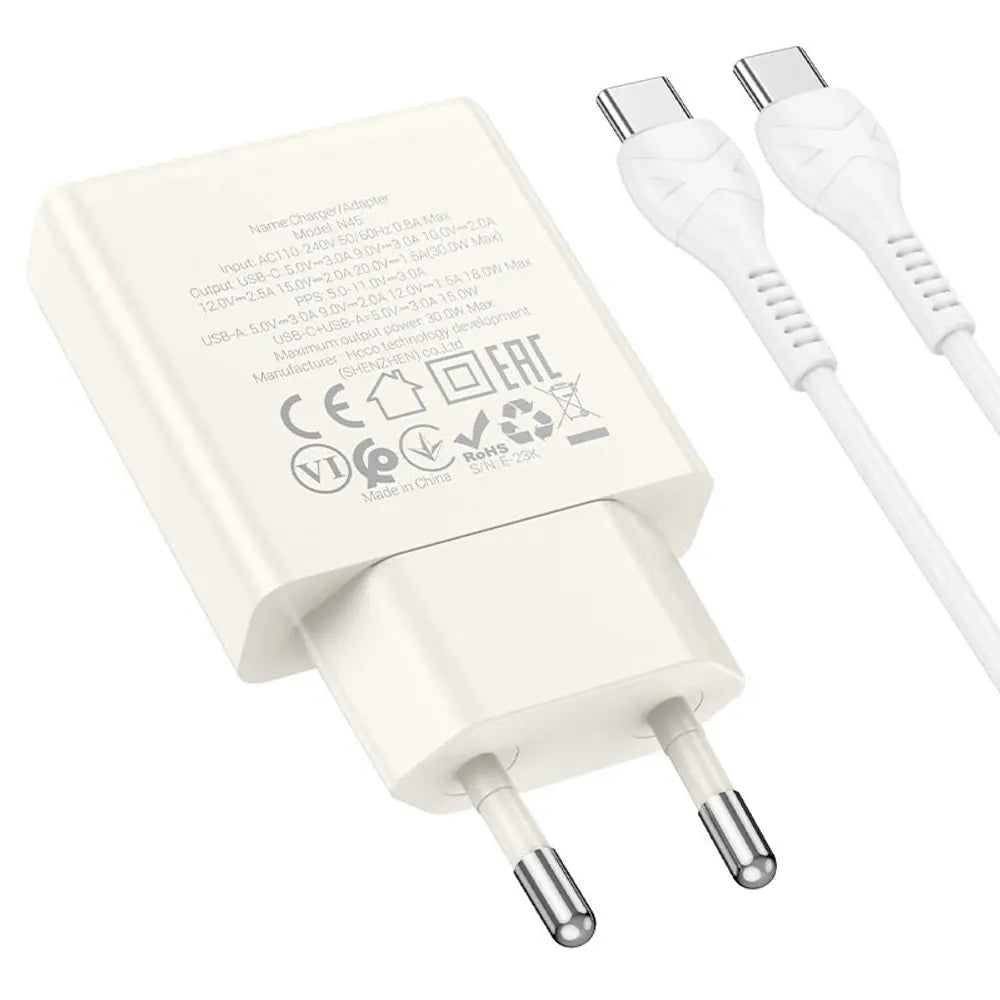 Hoco N45 Dual Port Wall Charger with USB-C Cable - Moonlight white