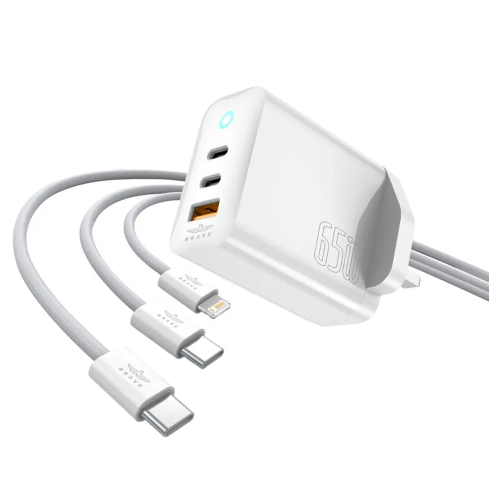 Brave 65W GaN 3-Port Fast Charger with Dual Type-C + USB-A 60W Type-C to C and 20W C to Lightning Cables - White