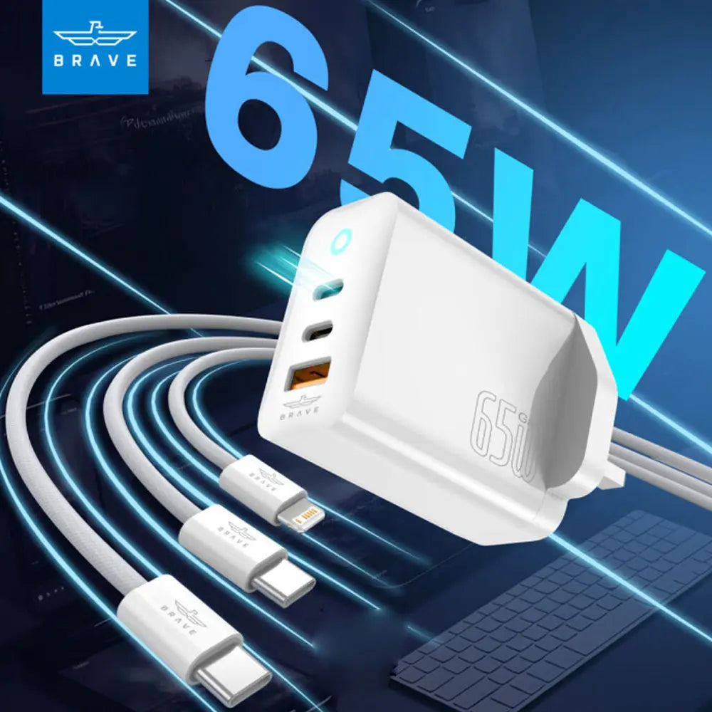 Brave 65W GaN 3-Port Fast Charger with Dual Type-C + USB-A 60W Type-C to C and 20W C to Lightning Cables - White