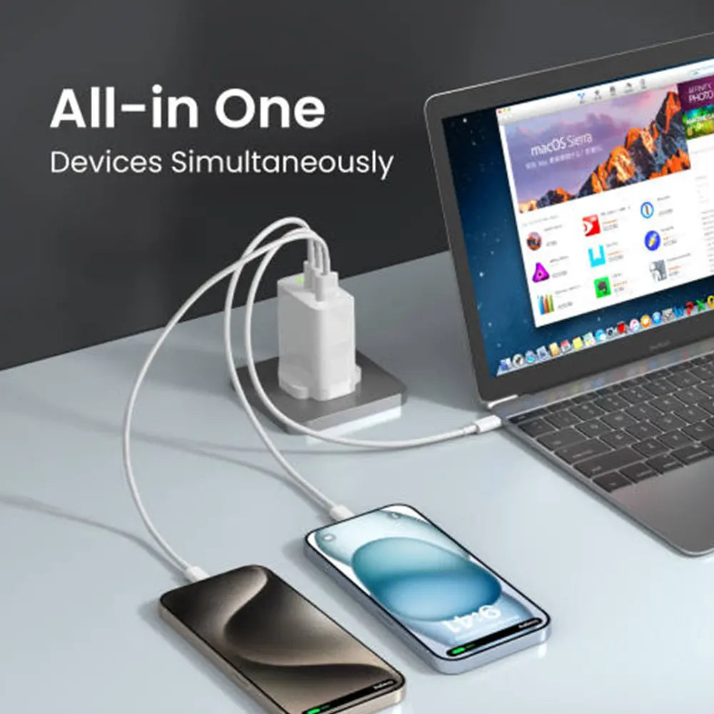 Brave 65W GaN 3-Port Fast Charger with Dual Type-C + USB-A 60W Type-C to C and 20W C to Lightning Cables - White