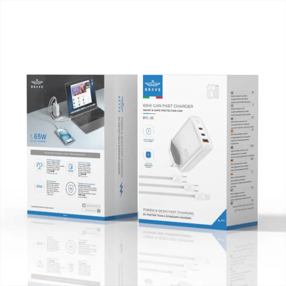 Brave 65W GaN 3-Port Fast Charger with Dual Type-C + USB-A 60W Type-C to C and 20W C to Lightning Cables - White