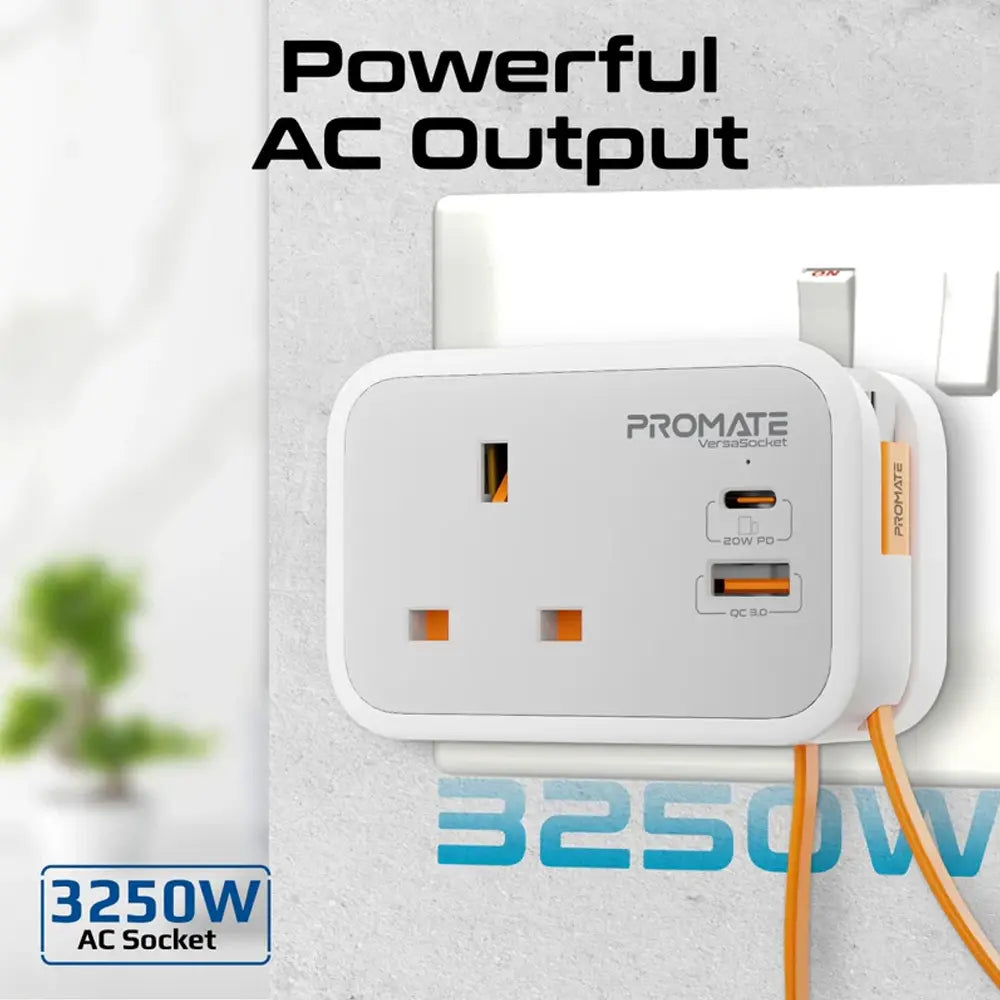 Promate Versa Multi-Function AC Socket Charger PD 20W USB-C  QC3.0 USB-A  3250W AC Output