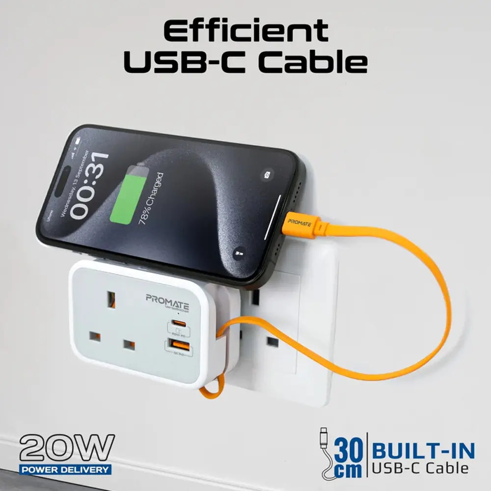 Promate Versa Multi-Function AC Socket Charger PD 20W USB-C  QC3.0 USB-A  3250W AC Output