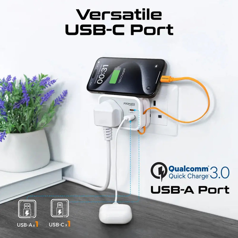 Promate Versa Multi-Function AC Socket Charger PD 20W USB-C  QC3.0 USB-A  3250W AC Output