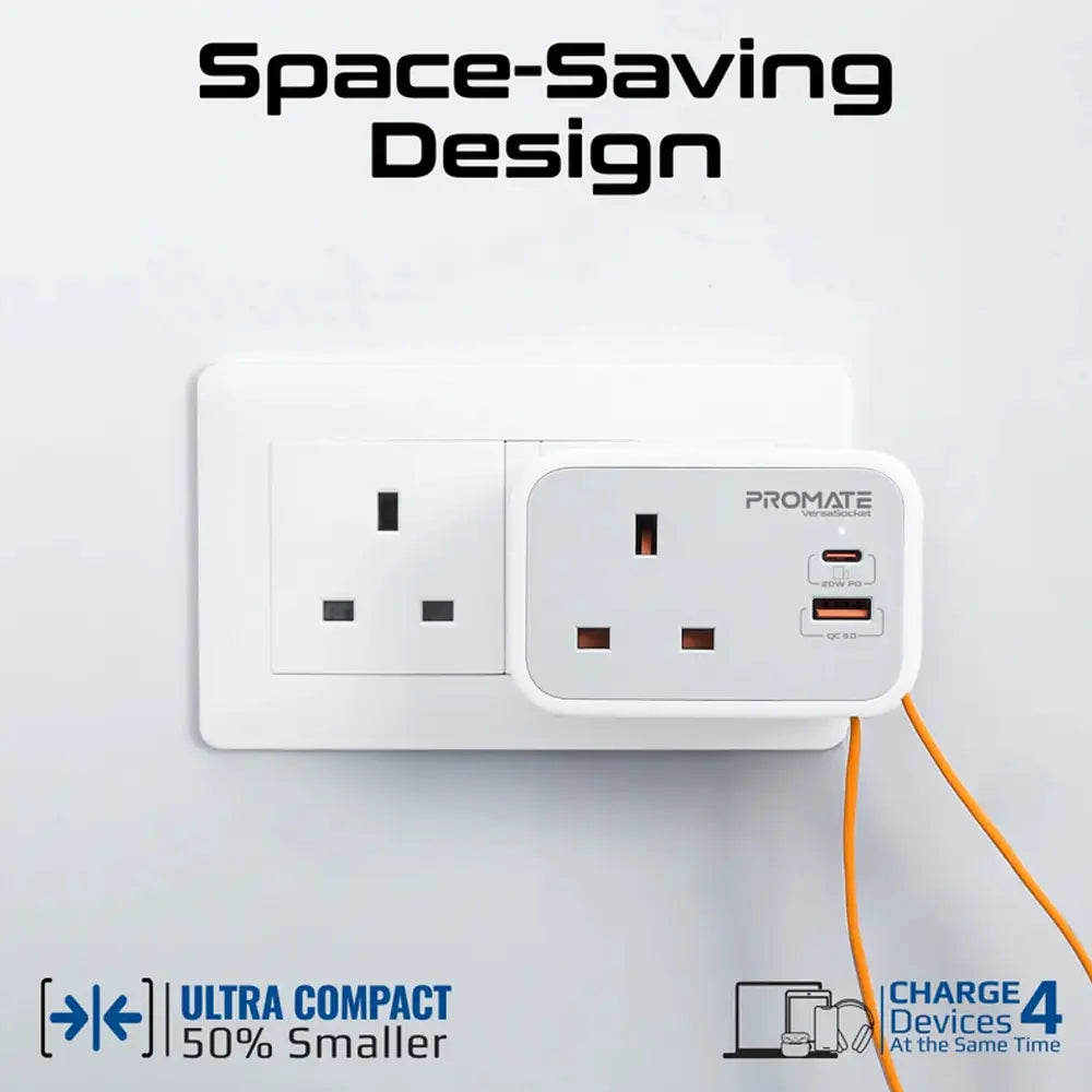 Promate Versa Multi-Function AC Socket Charger PD 20W USB-C  QC3.0 USB-A  3250W AC Output