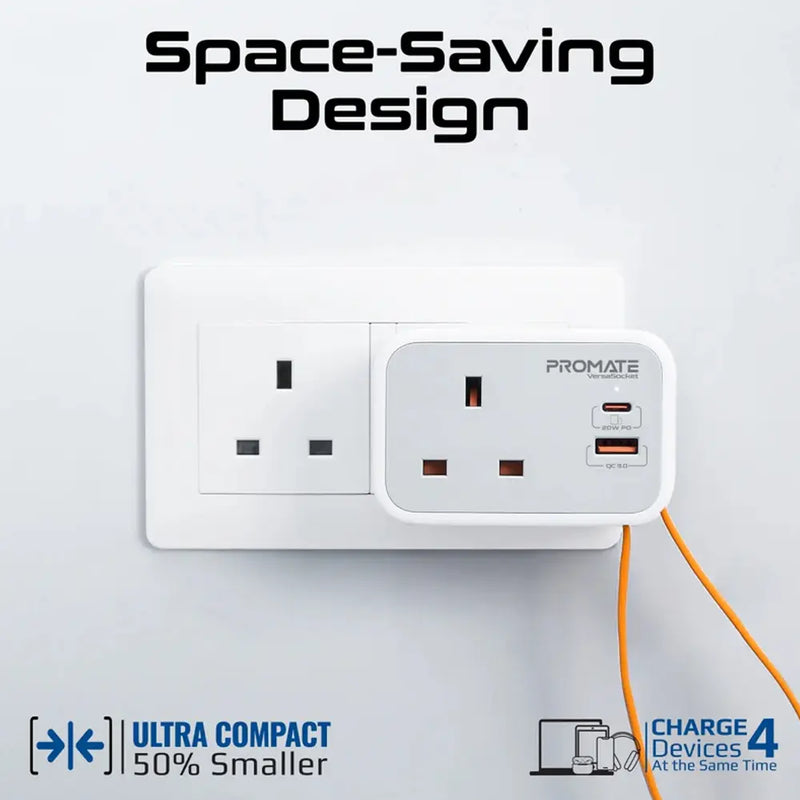 Promate Versa Multi-Function AC Socket Charger PD 20W USB-C  QC3.0 USB-A  3250W AC Output