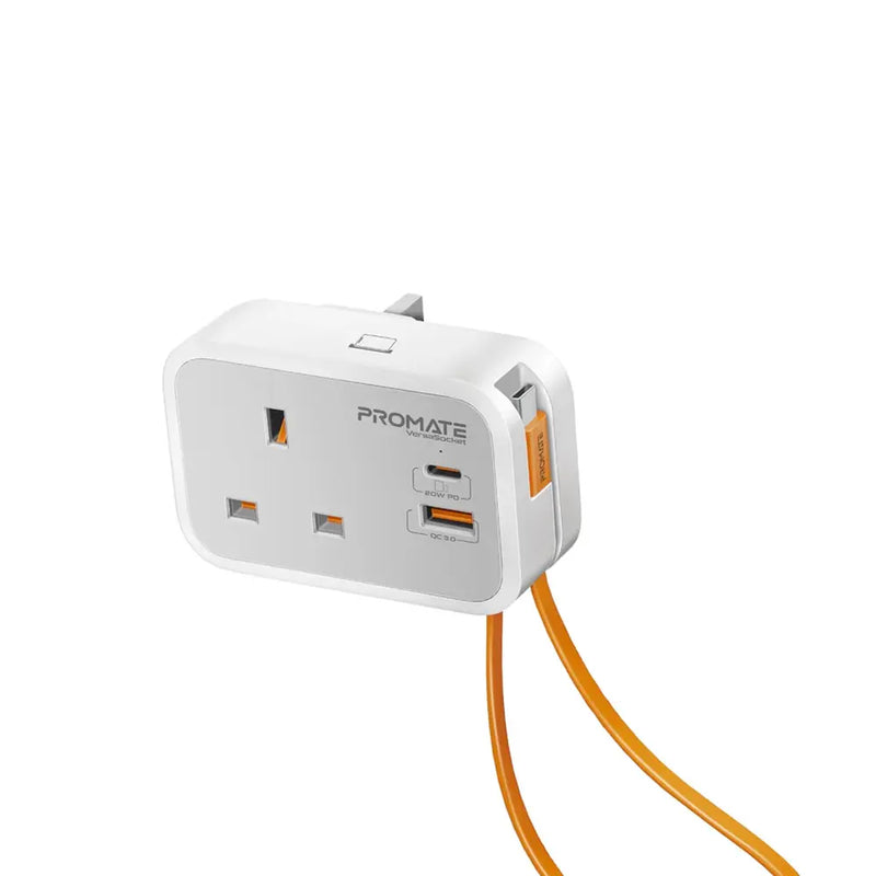 Promate Versa Multi-Function AC Socket Charger PD 20W USB-C  QC3.0 USB-A  3250W AC Output