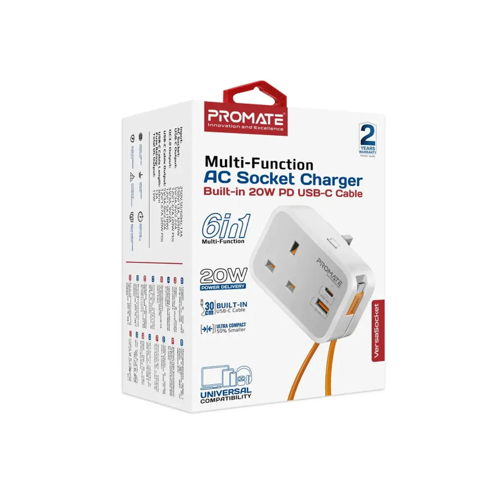 Promate Versa Multi-Function AC Socket Charger PD 20W USB-C  QC3.0 USB-A  3250W AC Output