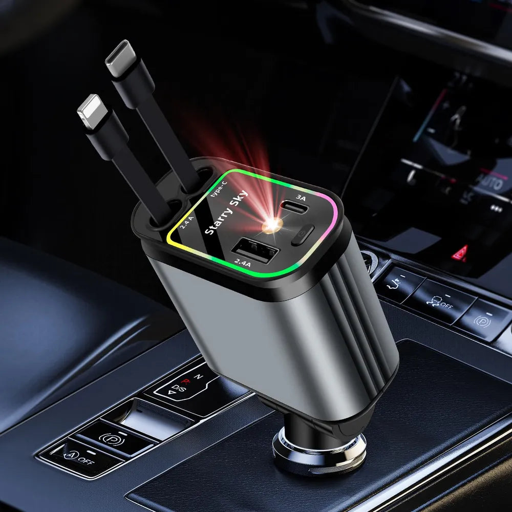 4-in-1 Retractable Starry Stars Car Phone Charger – Compatible with 12V and 24V Power Sockets