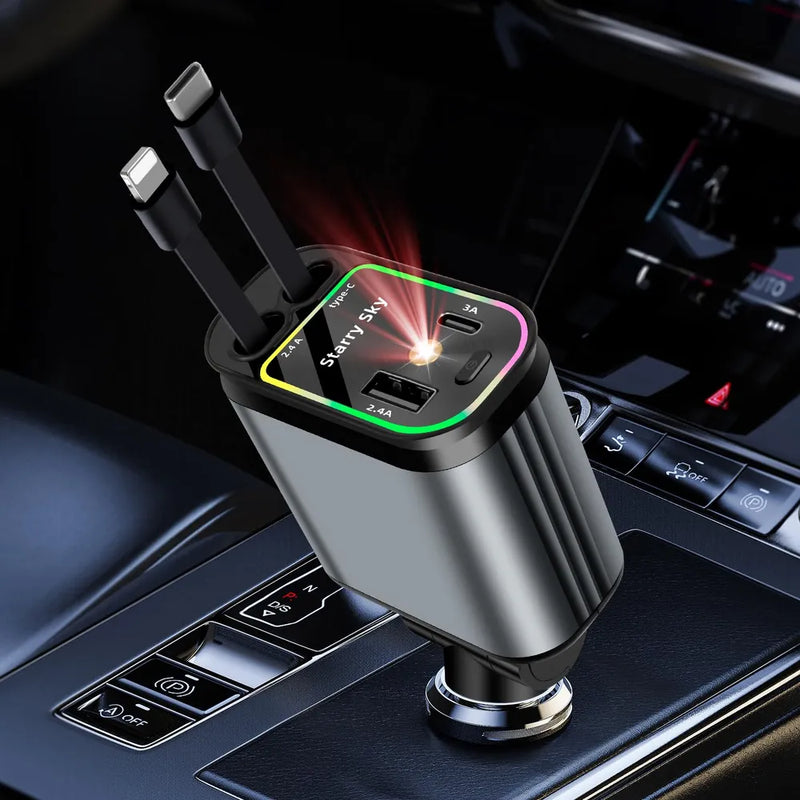 4-in-1 Retractable Starry Stars Car Phone Charger – Compatible with 12V and 24V Power Sockets
