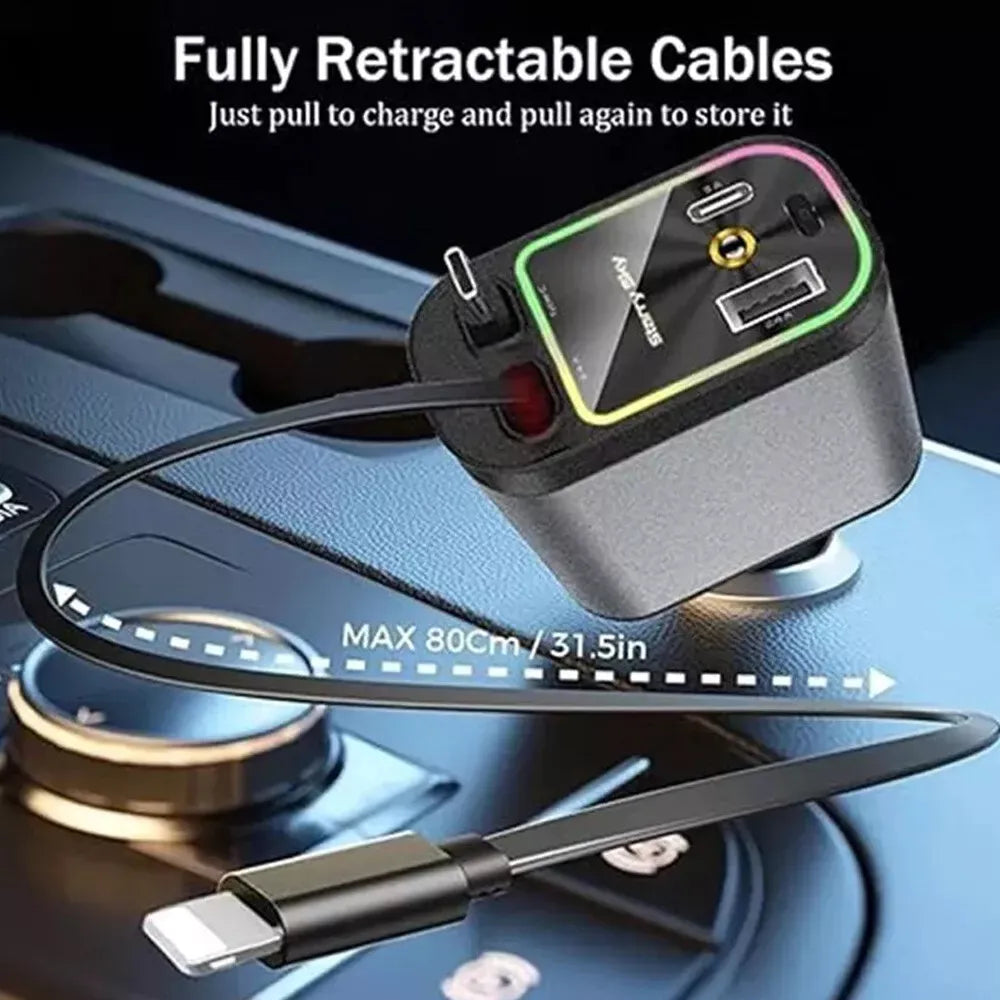 4-in-1 Retractable Starry Stars Car Phone Charger – Compatible with 12V and 24V Power Sockets