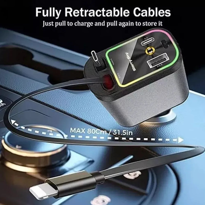 4-in-1 Retractable Starry Stars Car Phone Charger – Compatible with 12V and 24V Power Sockets