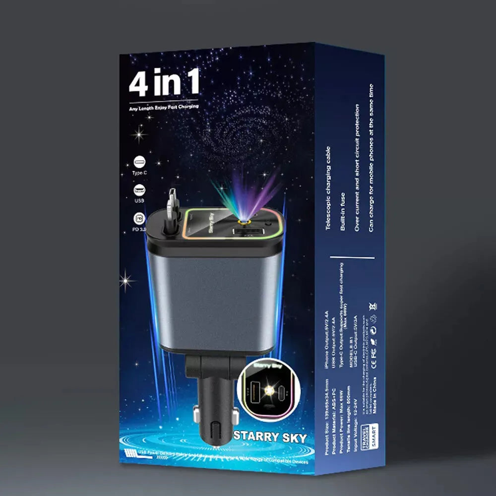 4-in-1 Retractable Starry Stars Car Phone Charger – Compatible with 12V and 24V Power Sockets