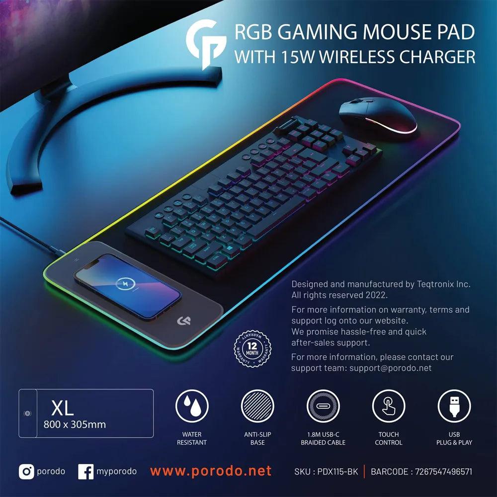 Porodo RGB Gaming Mouse Pad with 15W Fast Wireless Charger – Black