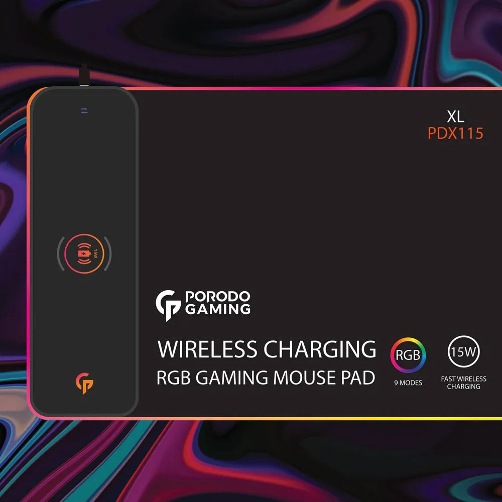 Porodo RGB Gaming Mouse Pad with 15W Fast Wireless Charger – Black